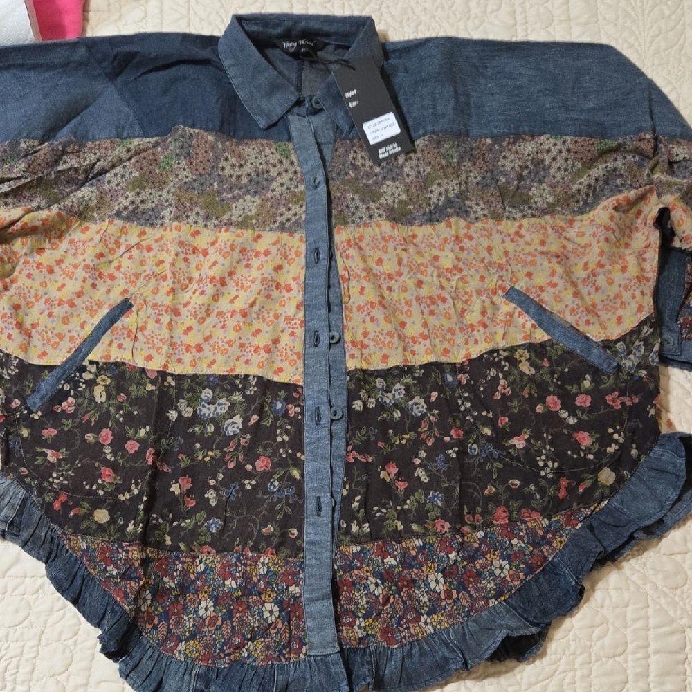 Vintage-Inspired Mixed Floral Patchwork Button-Up Jacket - Denim Trim